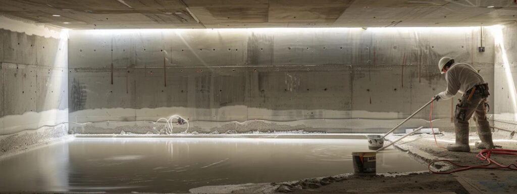 a well-lit basement undergoing waterproofing with exposed concrete walls, featuring a contractor in safety gear applying hydraulic cement to cracks while another installs a french drain, creating a clean and professional atmosphere focused on enhancing home safety.