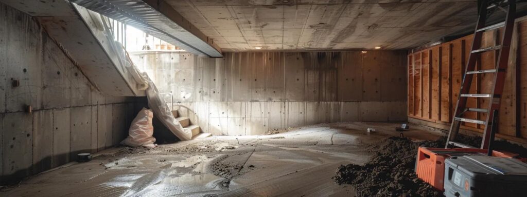 a well-lit residential basement showcases exposed concrete walls and floors, as a contractor in safety gear diligently seals cracks with hydraulic cement and another installs a french drain, highlighting the importance of regular waterproofing maintenance.