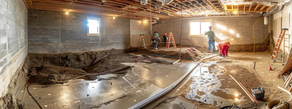 a well-lit residential basement showcases the waterproofing process with exposed concrete walls, as a contractor in safety gear applies hydraulic cement to seal cracks, while another installs a french drain alongside a ready-to-install sump pump, all within a clean, professional workspace.