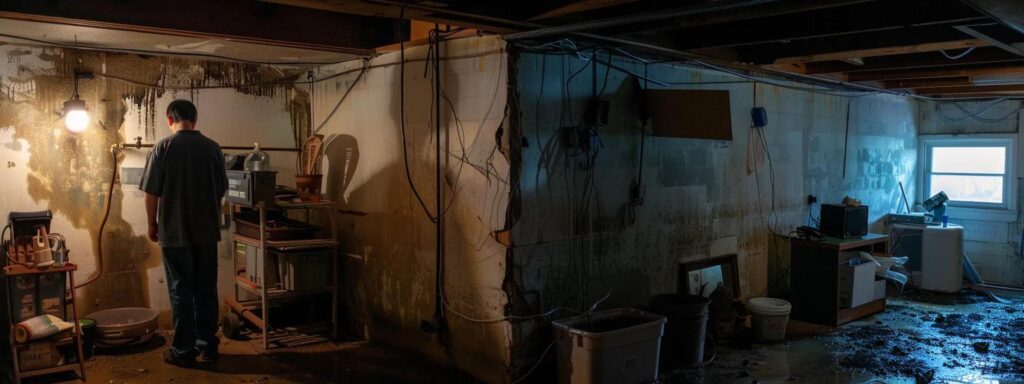 a dimly lit basement in scranton, showcasing visible water stains on the walls and dampness on the floor, with a distressed homeowner examining the signs of moisture issues.