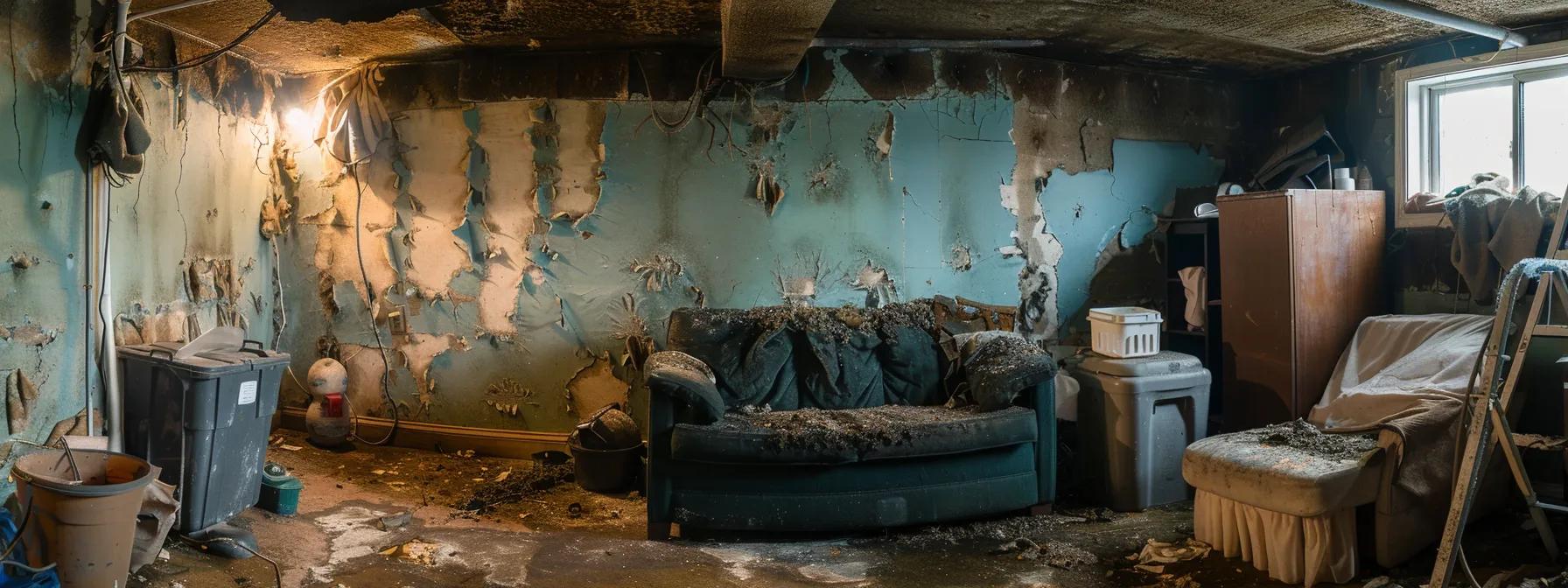 a dimly lit basement reveals peeling paint and visible moisture on the walls, illustrating the unsettling conditions that contribute to health risks in damp winter environments.