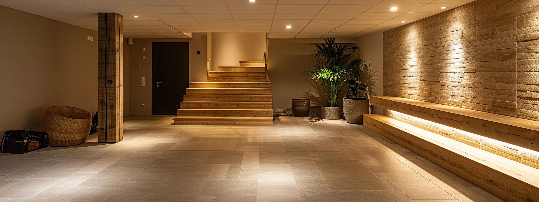 a modern basement equipped with advanced moisture control systems features sleek dehumidifiers and waterproofing materials, all illuminated by warm, artificial lighting that emphasizes the importance of protecting against winter moisture issues.