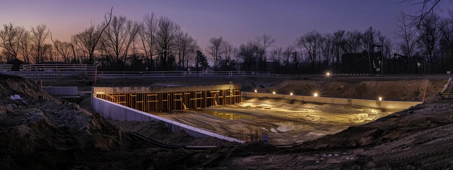 a modern construction site features a sleek, recently installed exterior waterproofing system prominently displayed on a foundation wall, illuminated by bright artificial lights to highlight its robust texture and advanced materials.