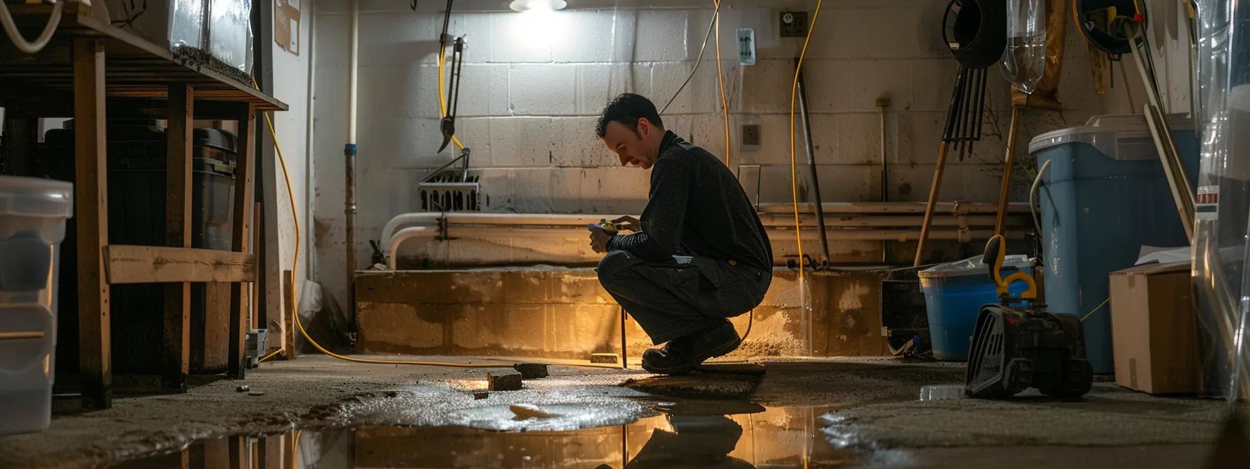 a professional inspector examines the damp foundation of a well-lit basement, surrounded by tools and equipment, highlighting specific areas of water intrusion to emphasize the need for tailored waterproofing solutions.