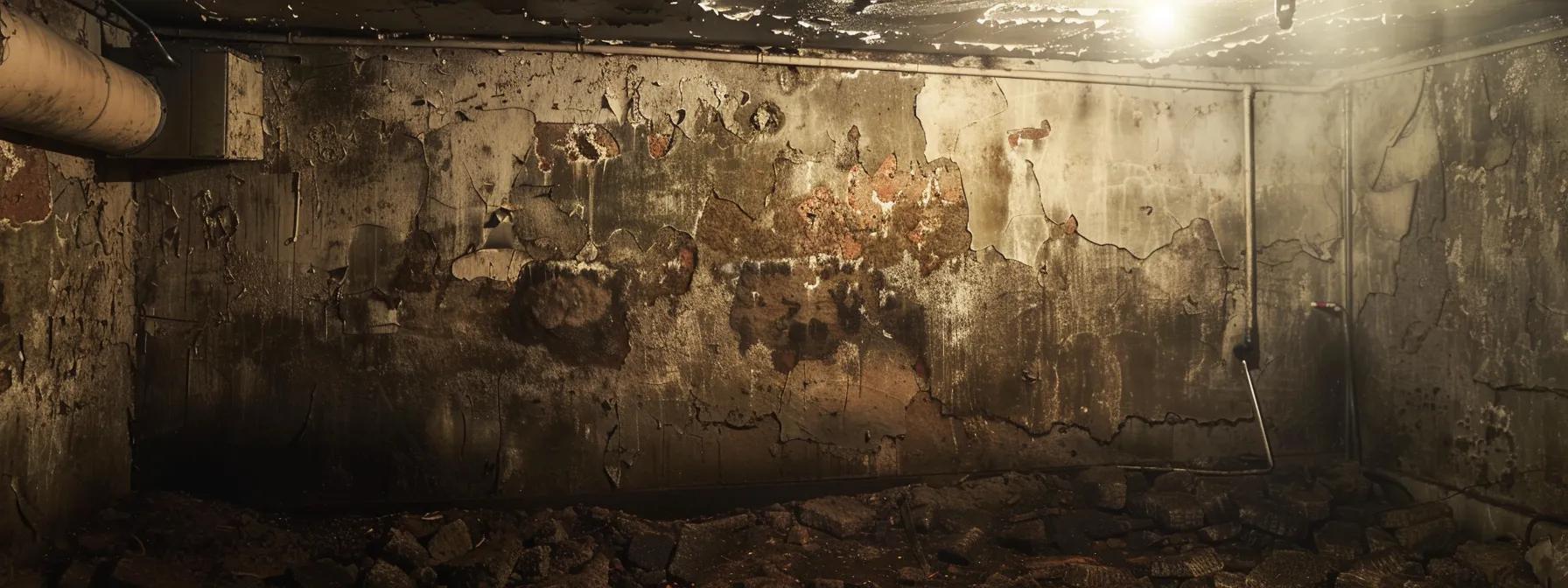 a dimly lit basement showcases clear indicators of moisture and mold, with visibly damp walls and discolored patches, emphasizing the urgent need for early detection and remediation.
