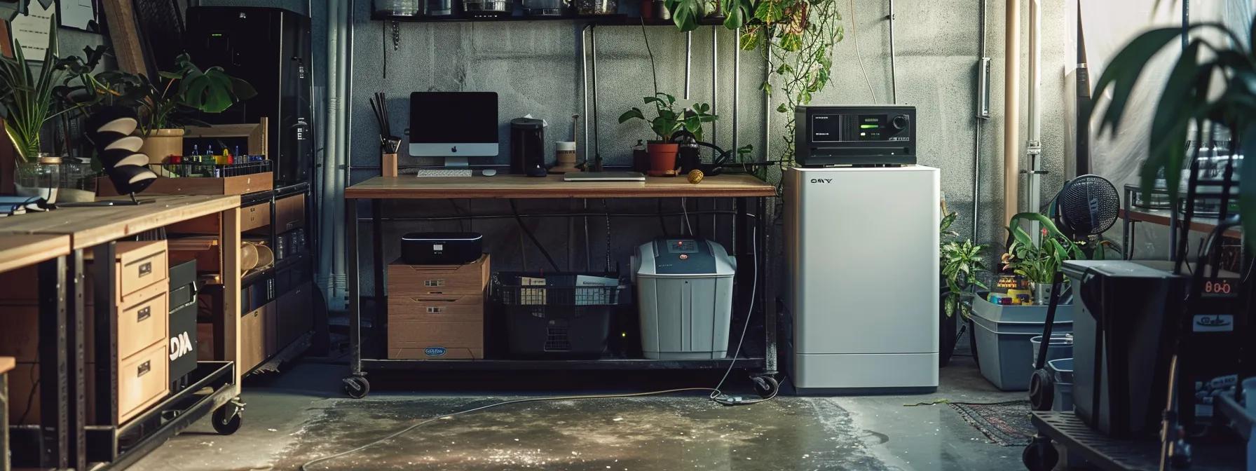 a meticulously organized basement workspace features a clear, modern dehumidifier and moisture control equipment, emphasizing the importance of proactive maintenance to prevent water infiltration and mold growth.