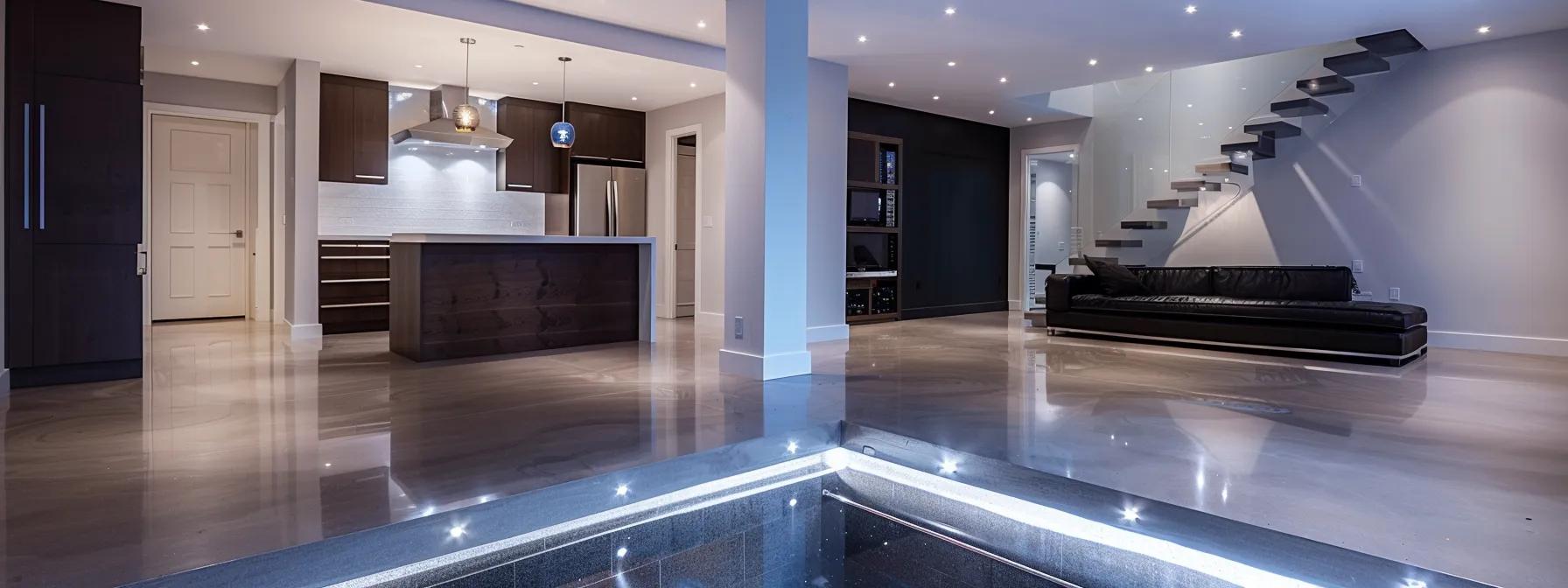 a sleek, modern basement outfitted with a high-tech sump pump system, featuring a clear sump pit positioned in the corner, with moisture-proof walls and waterproofing materials visible, all illuminated by bright overhead lights that emphasize the immaculate, functional space.