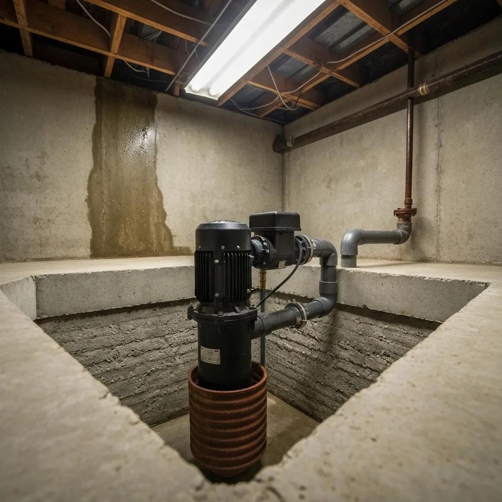 Sump pump system installed in a basement to prevent flooding