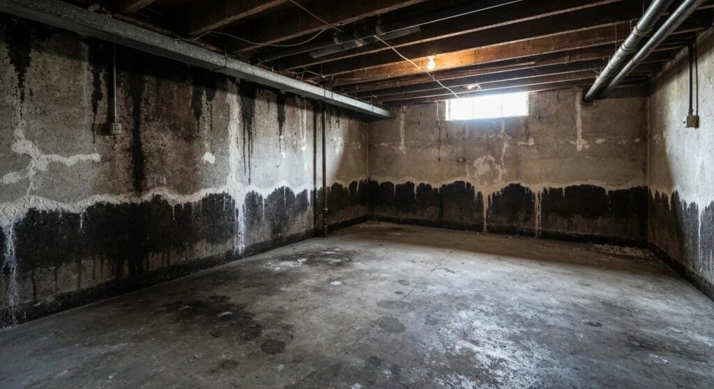 Basement showing signs of water damage with stains and efflorescence