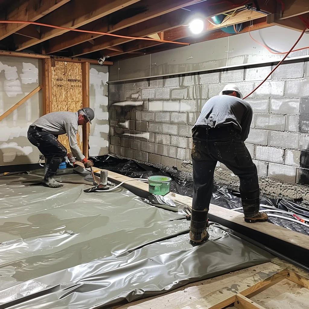 Professional basement waterproofing team applying waterproofing materials in a residential basement