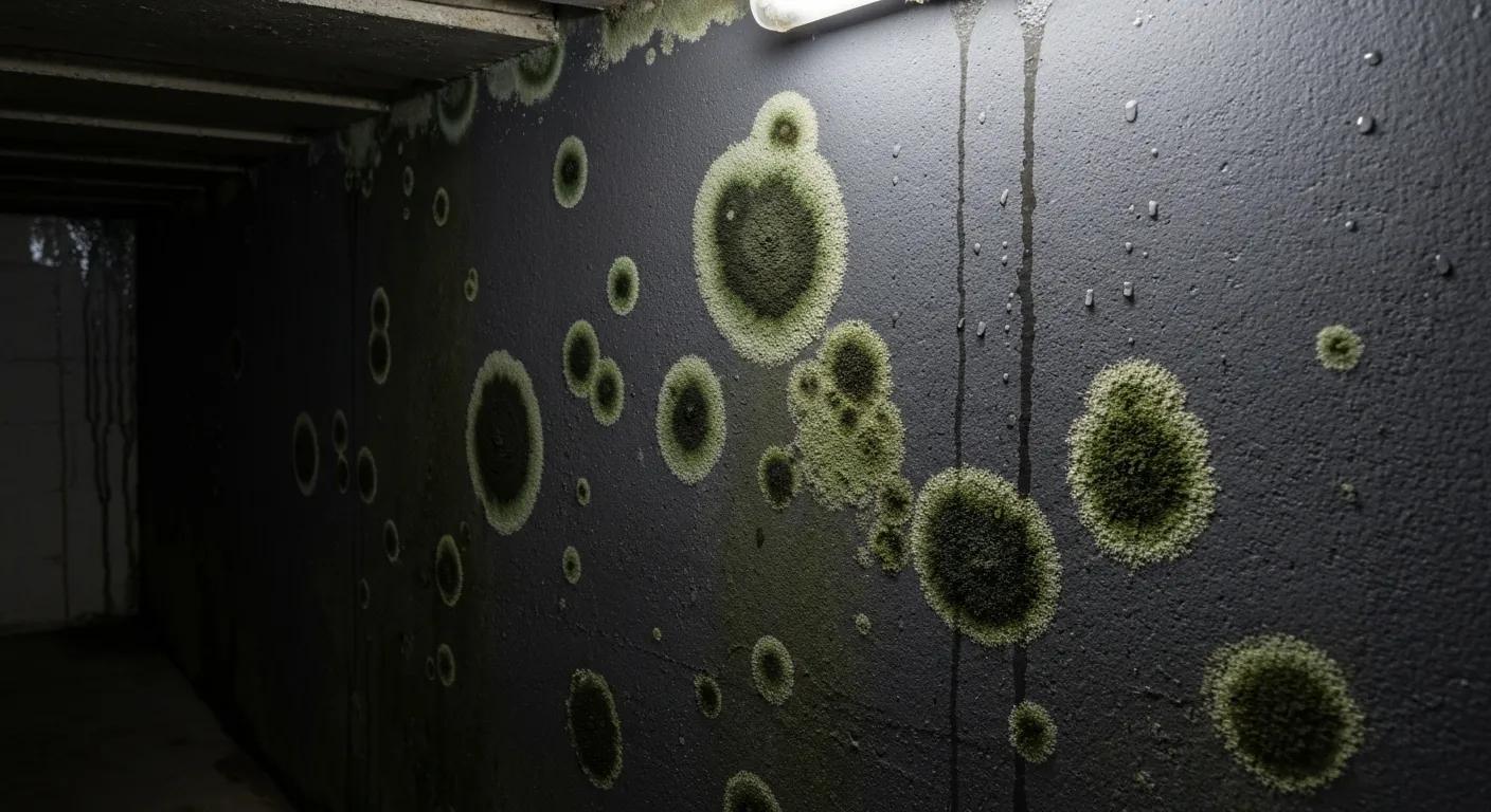 Mold growth on damp basement wall indicating moisture issues