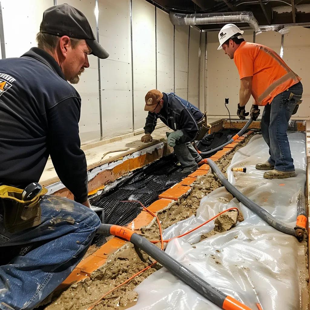 Professional team installing basement waterproofing systems in a well-lit environment