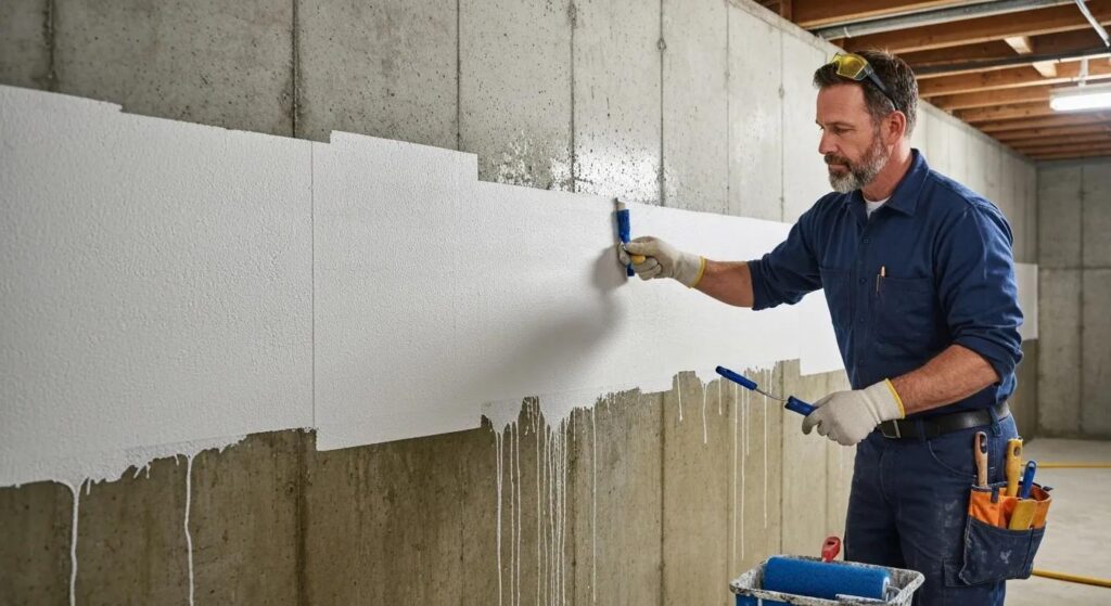 Professional basement waterproofing service technician applying waterproofing membrane to a basement wall