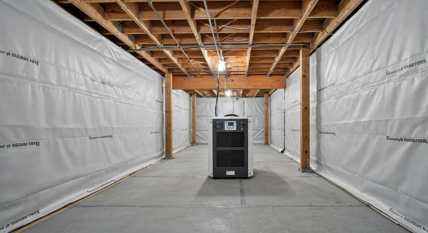 Crawl space encapsulation with vapor barriers and dehumidifier installed for moisture control