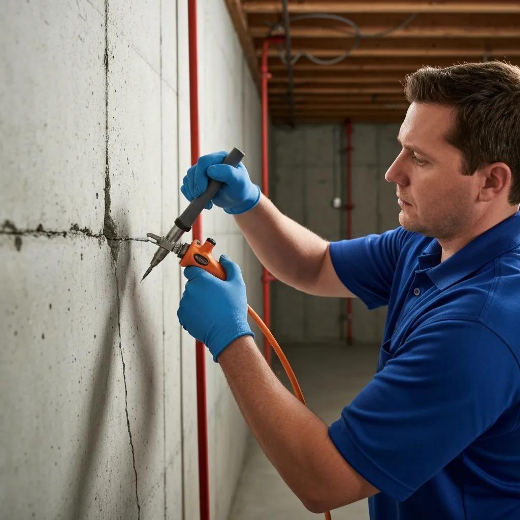 Technician performing epoxy injection into a crack in a concrete basement wall for repair