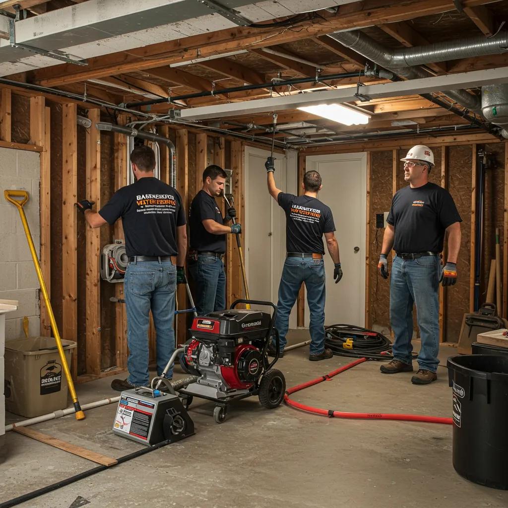 Local basement waterproofing team working in a Scranton basement, showcasing expertise and tools